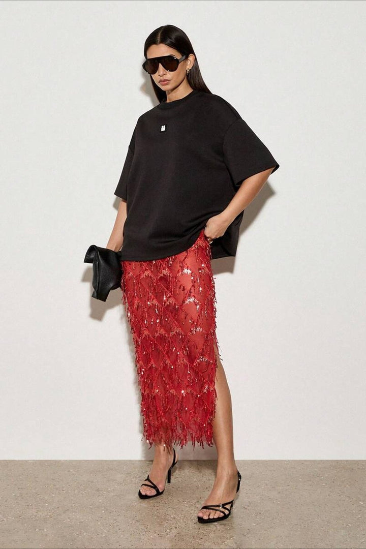 Emily & Isabella Brooks | Sequin Fringe Midi Skirt