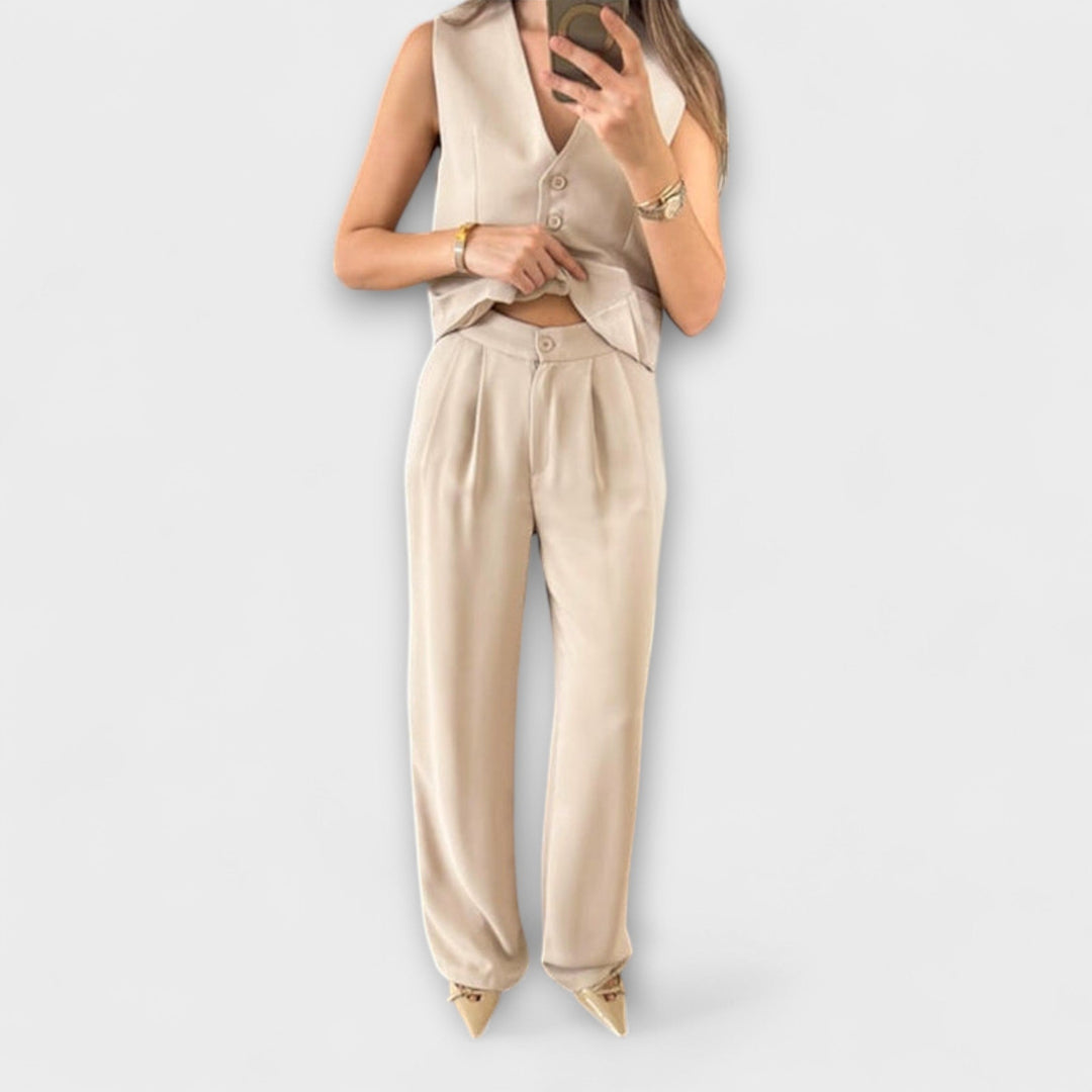 Emily & Isabella Brooks | Solid Color V-Neck Vest and Pants Two-Piece Set