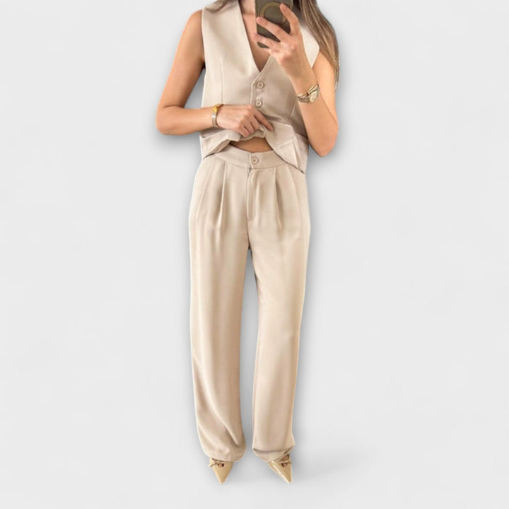 Emily & Isabella Brooks | Solid Color V-Neck Vest and Pants Two-Piece Set