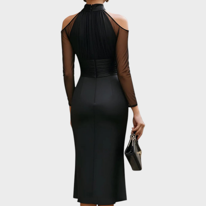 Emily & Isabella Brooks | Satin Midi Dress with Cold Shoulders