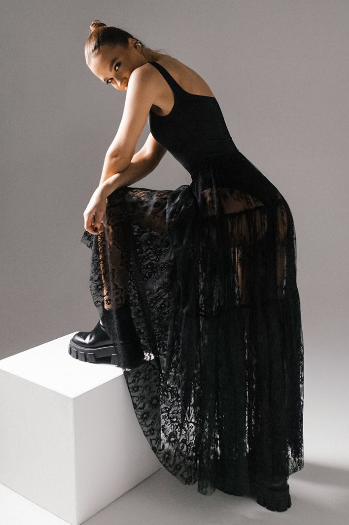 Emily & Isabella Brooks | High Waist Black Lace Sheer Skirt