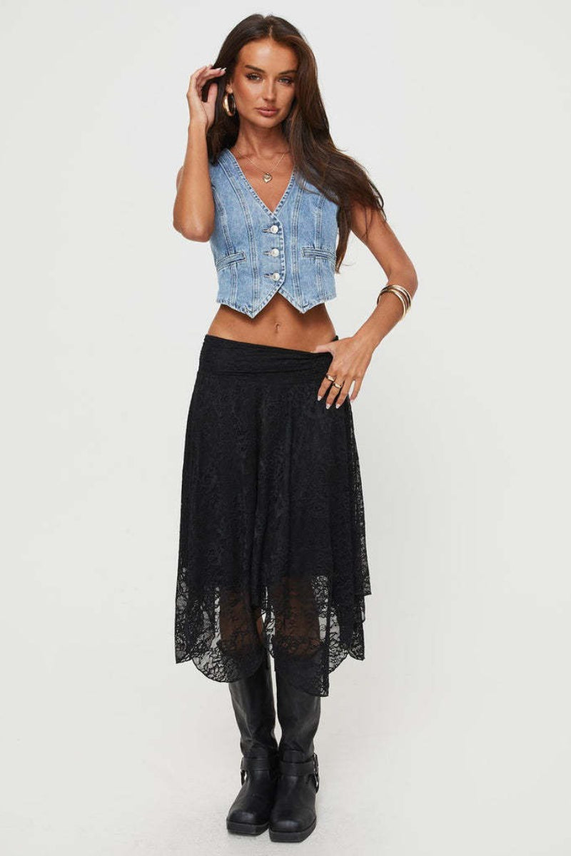 Emily & Isabella Brooks | Asymmetrical Hem Lace Detail Midi Skirt