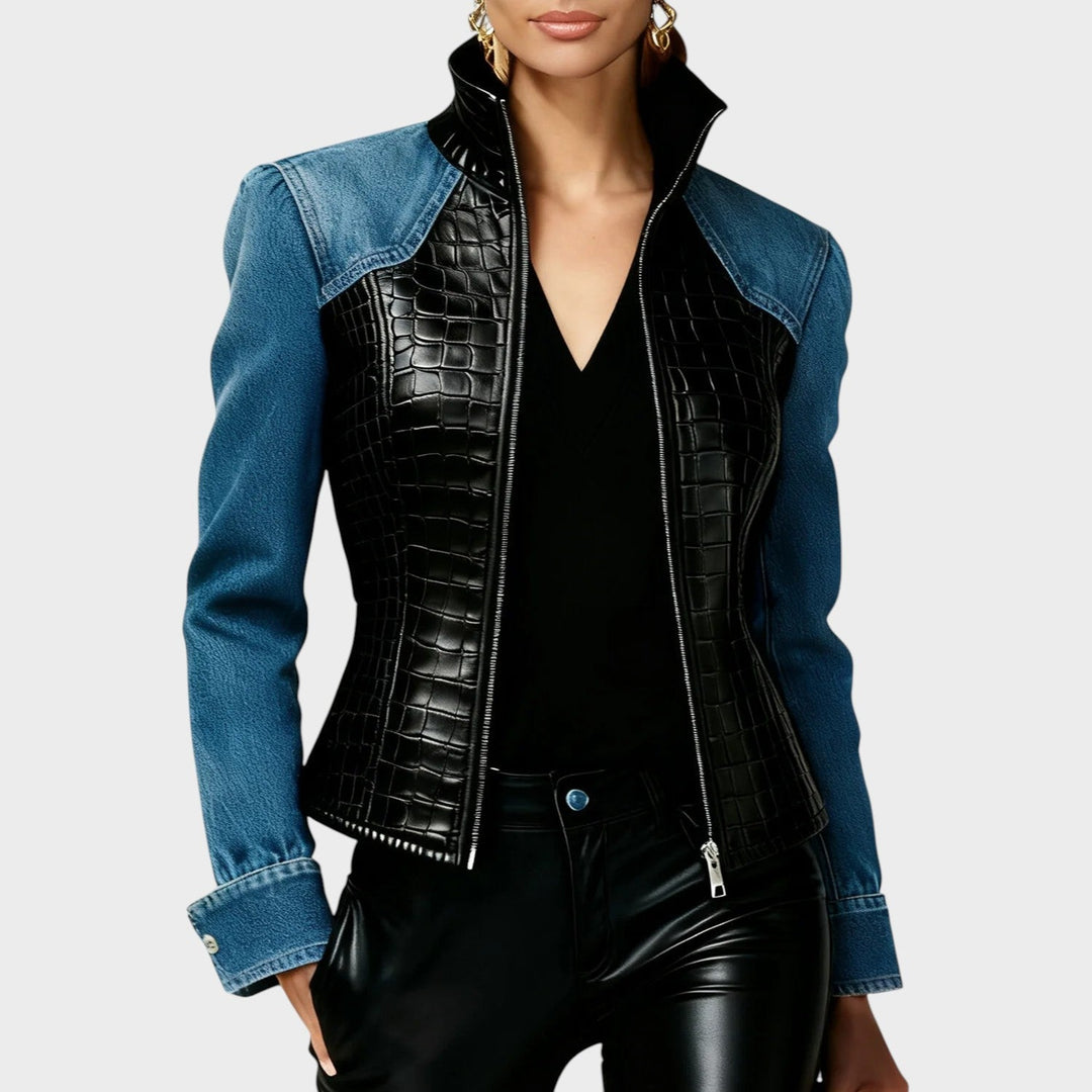 Emily & Isabella Brooks | Women's Black Leather Jacket in Knitted Croc PU with Patchwork Pattern, Long Sleeves, Zipper