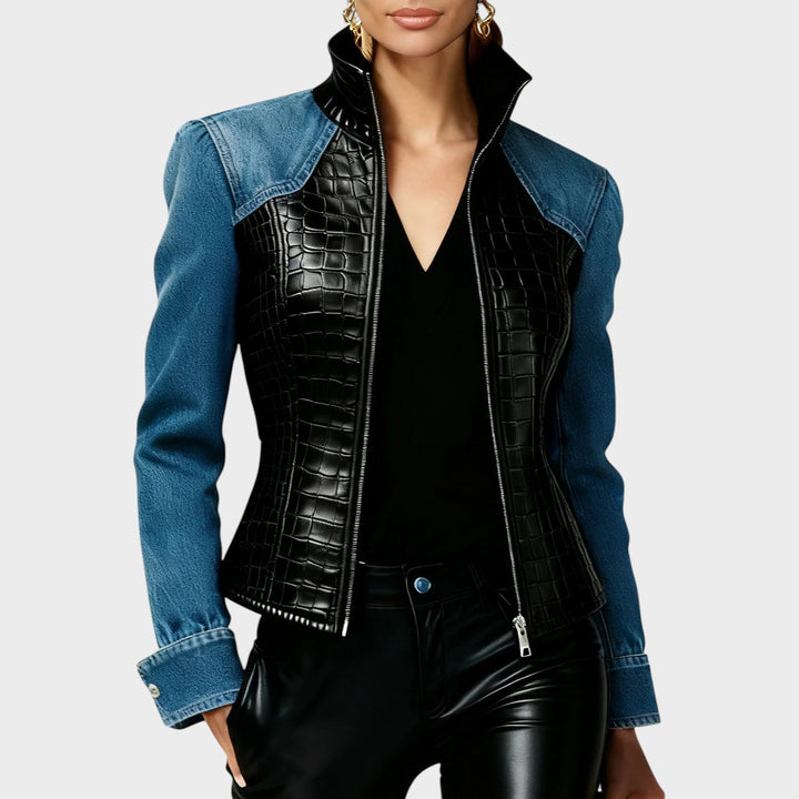 Emily & Isabella Brooks | Women's Black Leather Jacket in Knitted Croc PU with Patchwork Pattern, Long Sleeves, Zipper