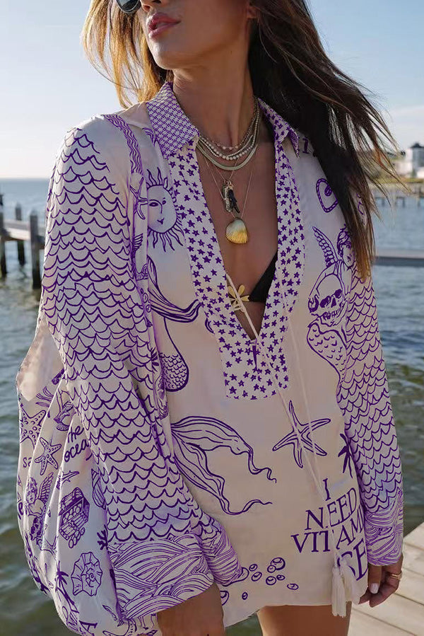 Emily & Isabella Brooks | Satin Print Tassel Shirt and Elastic Waist Shorts Set