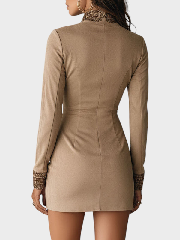 Emily & Isabella Brooks | Vintage Beige Mini Dress with Zipper, Embroidery, and Pockets