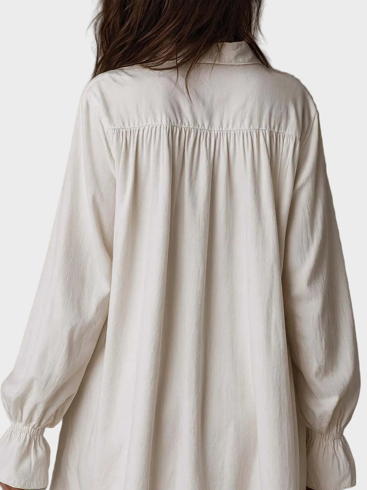 Emily & Isabella Brooks | Retro mini dress, lace, asymmetrical hem, long sleeves