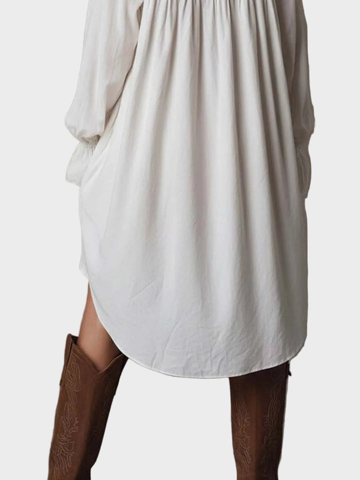 Emily & Isabella Brooks | Retro mini dress, lace, asymmetrical hem, long sleeves