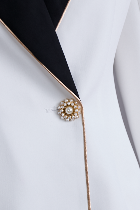 Emily & Isabella Brooks | Asymmetric White Blazer with Black Contrast Lapels