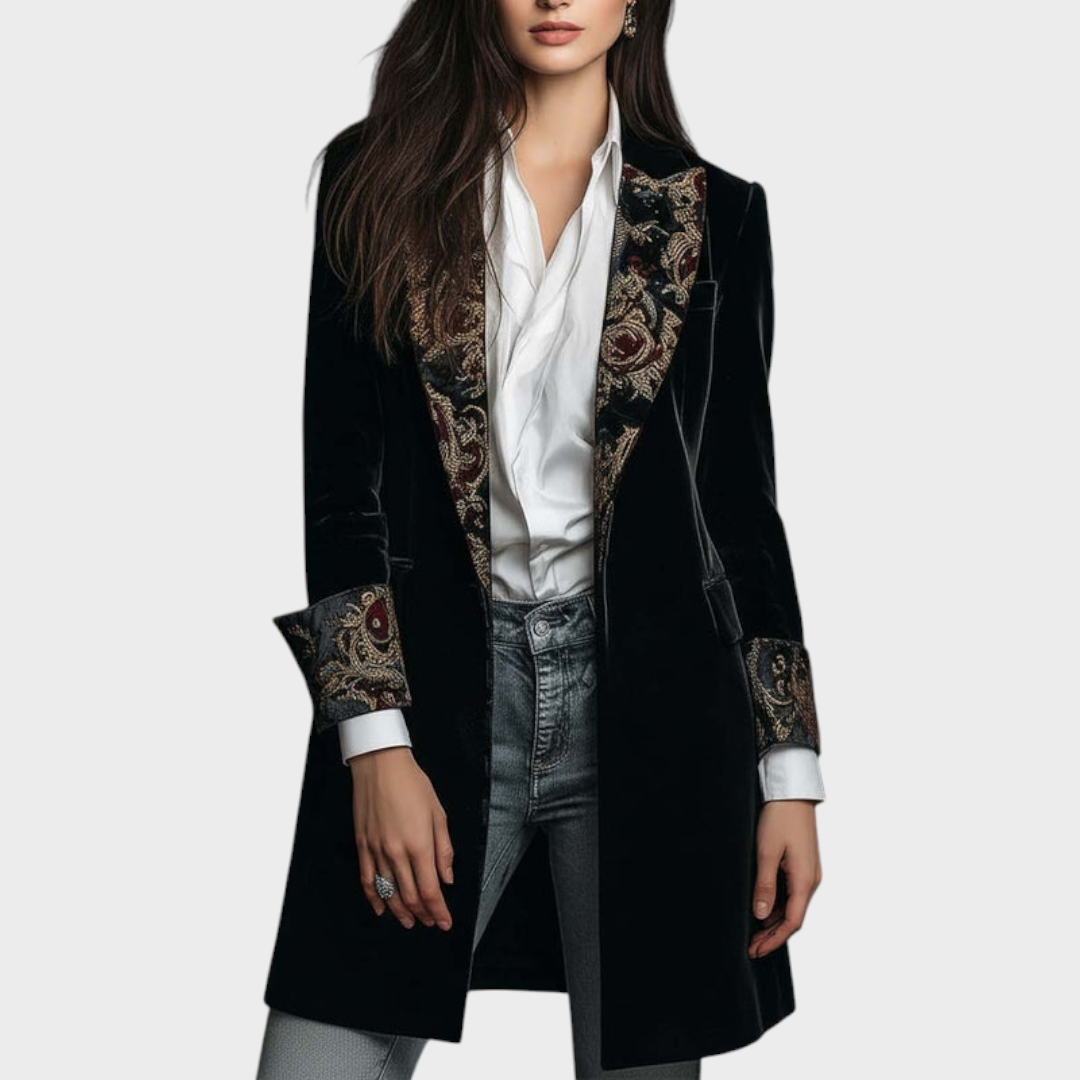 Emily & Isabella Brooks | Black Velvet Blazer with Baroque Print Handles