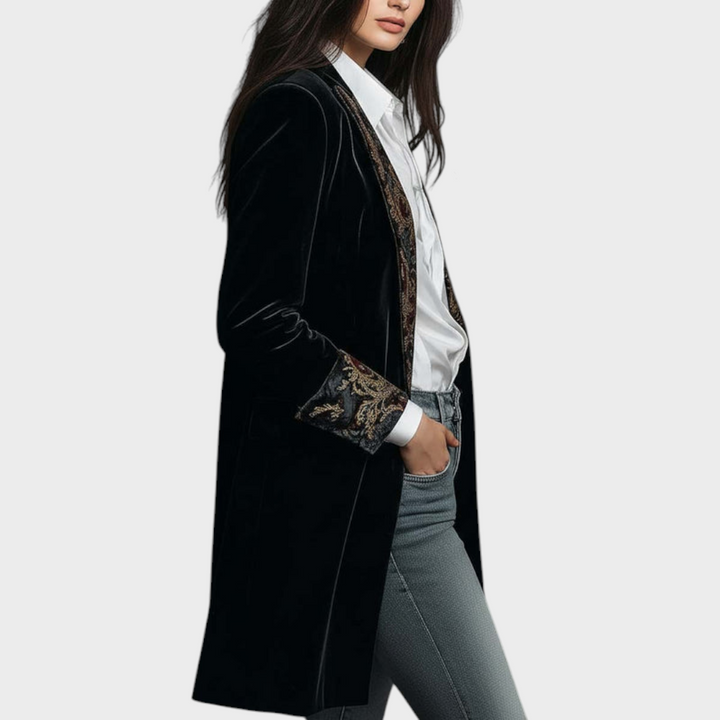 Emily & Isabella Brooks | Black Velvet Blazer with Baroque Print Handles