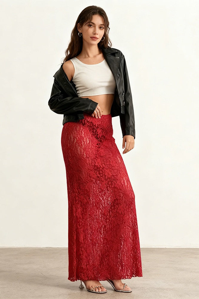 Emily & Isabella Brooks | High Waist Lace Panel Stretch A-Line Skirt