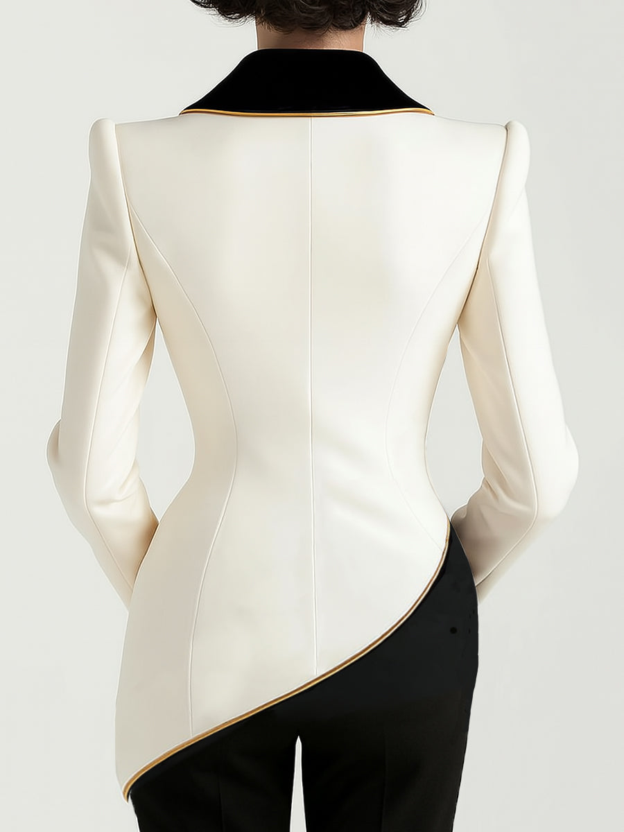 Emily & Isabella Brooks | Asymmetric White Blazer with Black Contrast Lapels