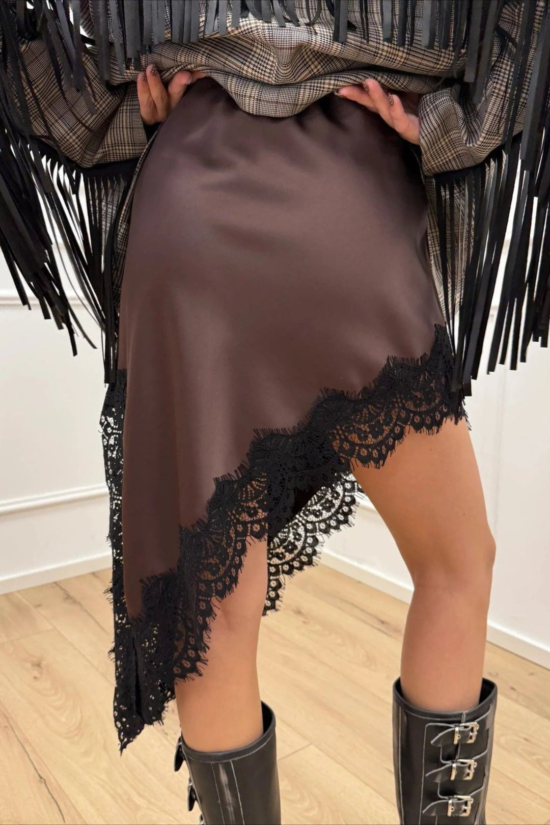 Emily & Isabella Brooks | Satin Lace Asymmetric Split Slim A-Line Mini Skirt