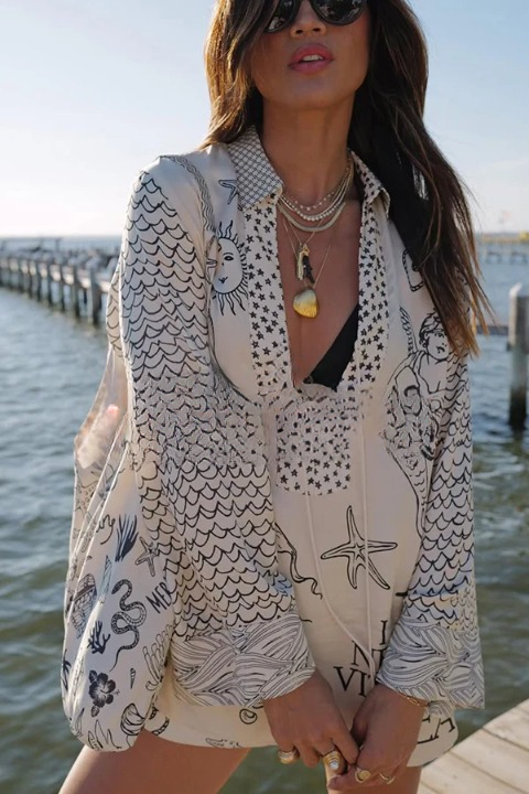 Emily & Isabella Brooks | Satin Print Tassel Shirt and Elastic Waist Shorts Set