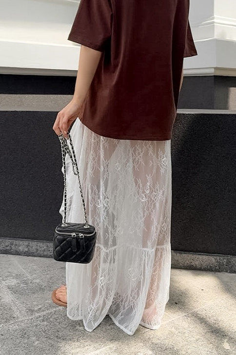 Emily & Isabella Brooks | Lace Sheer Split Ruffle Asymmetrical Skirt