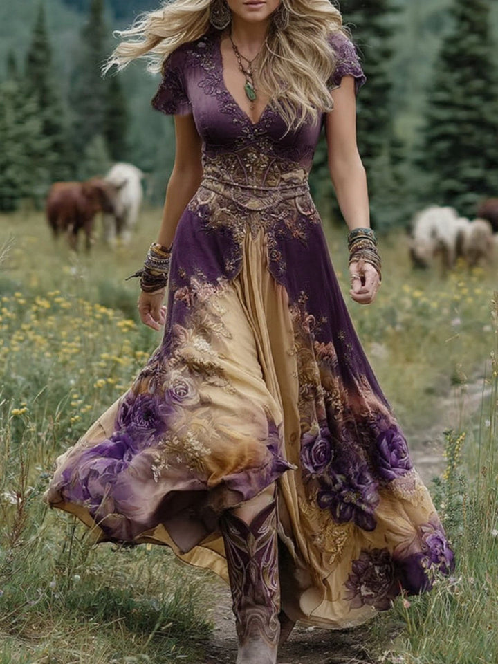 Emily & Isabella Brooks | Gradient Purple Floral Printed Short Maxi Dress