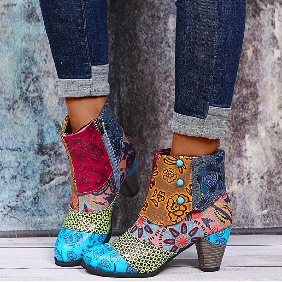 Emily & Isabella Brooks | Colorful Patchwork Ankle Boots with Block Heels