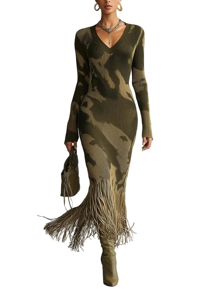 Emily & Isabella Brooks | Olive Camo Knit V-Neck Fringe Hem Midi Dress