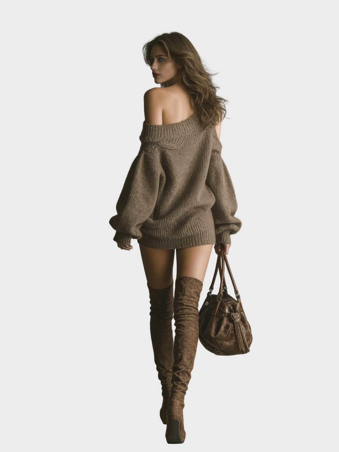 Emily & Isabella Brooks | Women's Brown Knitted Mini Dress Off-Shoulder