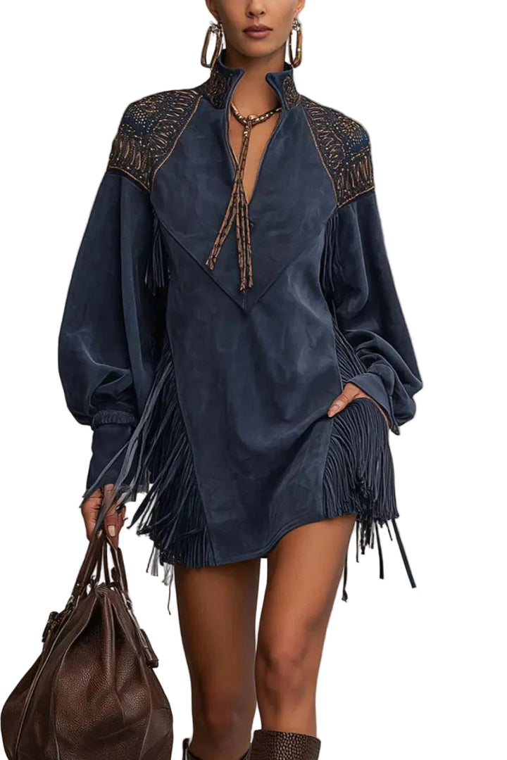 Emily & Isabella Brooks | Indigo Faux Suede Embroidered Tassel Mini Dress