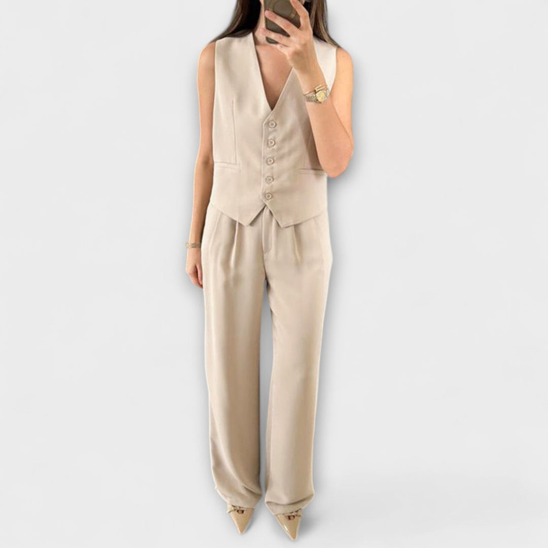 Emily & Isabella Brooks | Solid Color V-Neck Vest and Pants Two-Piece Set
