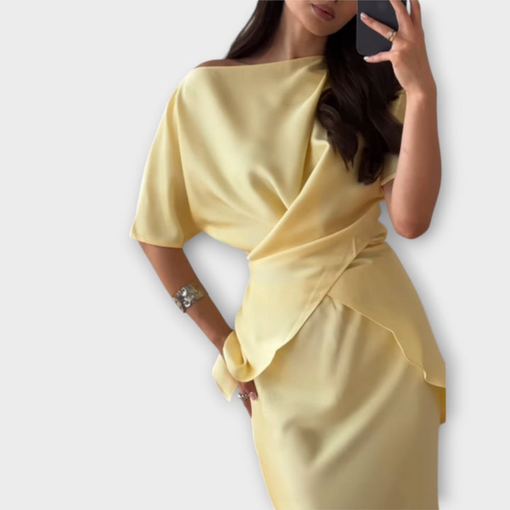 Emily & Isabella Brooks | Off-Shoulder Top with Knot Front and Skirt Ensemble