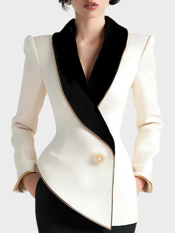 Emily & Isabella Brooks | Asymmetric White Blazer with Black Contrast Lapels