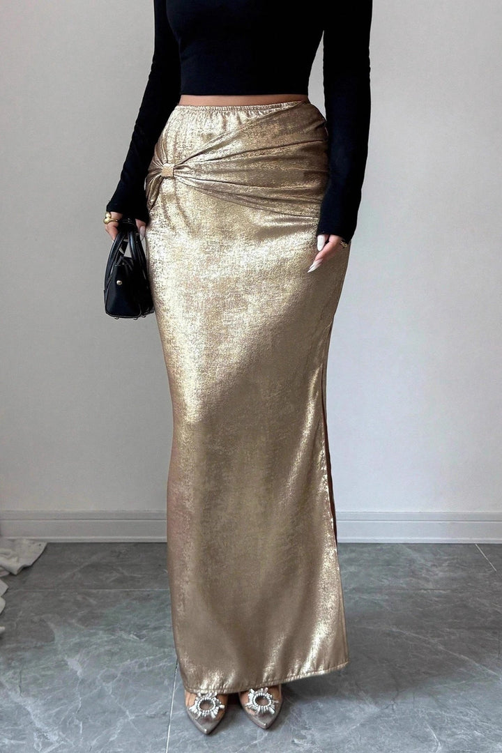Emily & Isabella Brooks | Metallic Ruched Slit Bodycon Skirt