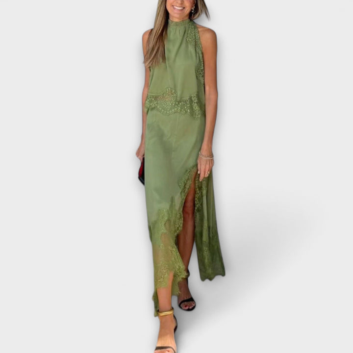 Emily & Isabella Brooks | Satin Blouse with Lace Trim and Pleated Neckline