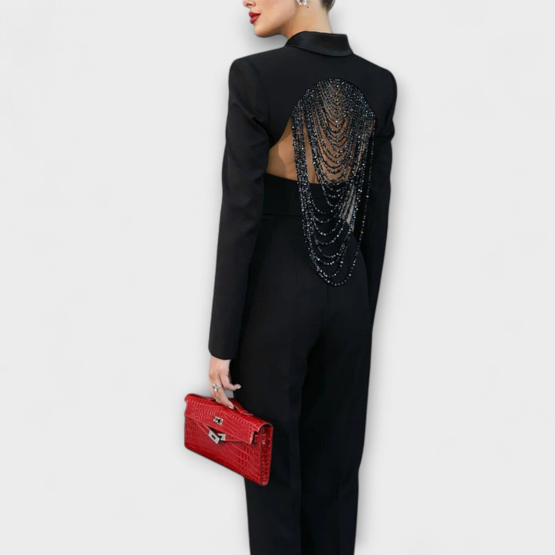 Emily & Isabella Brooks | Black Pearl-Embellished Backless Short Blazer Set