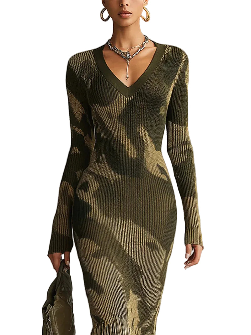 Emily & Isabella Brooks | Olive Camo Knit V-Neck Fringe Hem Midi Dress