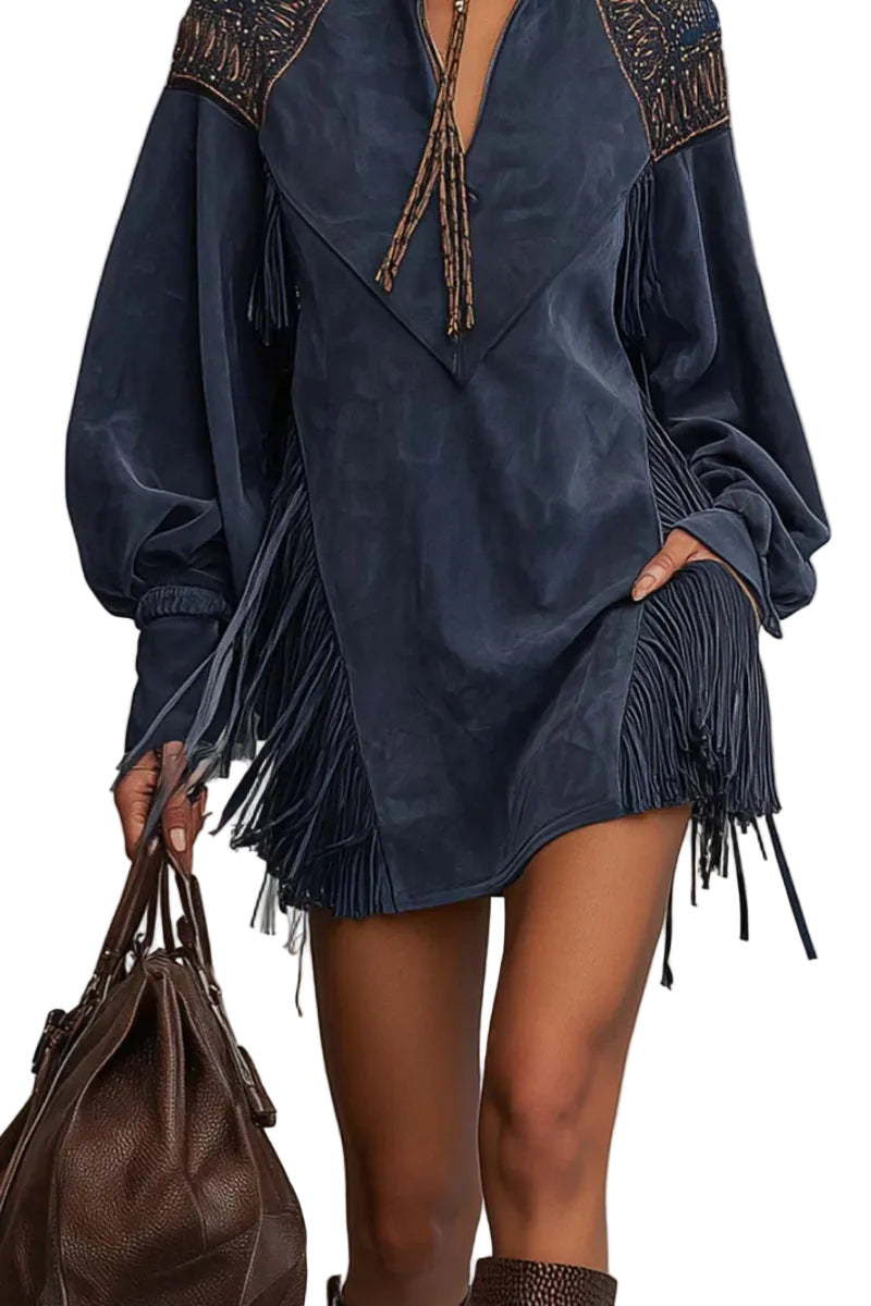 Emily & Isabella Brooks | Indigo Faux Suede Embroidered Tassel Mini Dress