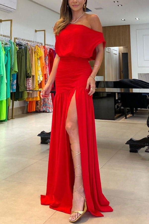 Emily & Isabella Brooks | One Shoulder Ruched Detail Slit Maxi Dress