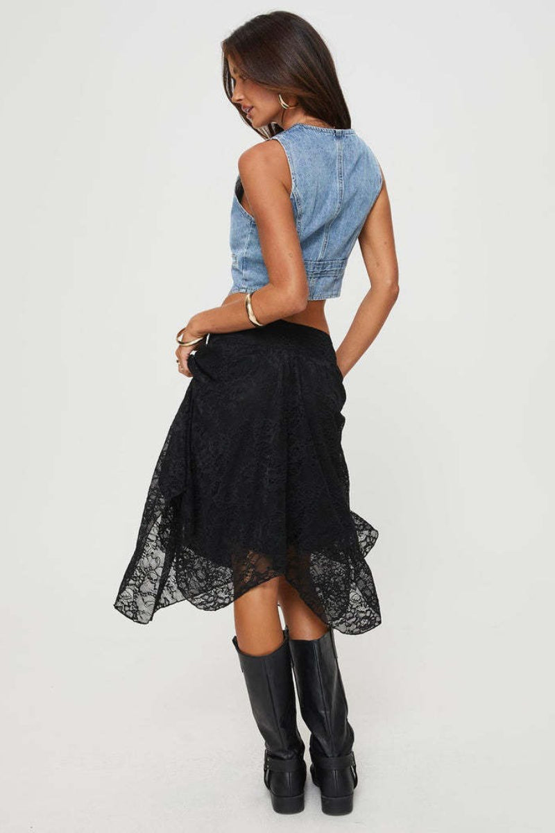 Emily & Isabella Brooks | Asymmetrical Hem Lace Detail Midi Skirt