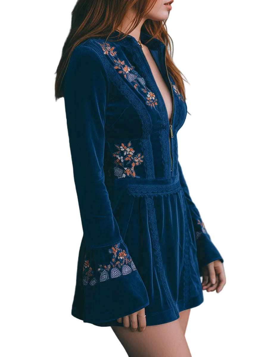 Emily & Isabella Brooks | Blue Velvet Mini Dress with Zipper Front and Lace Trim