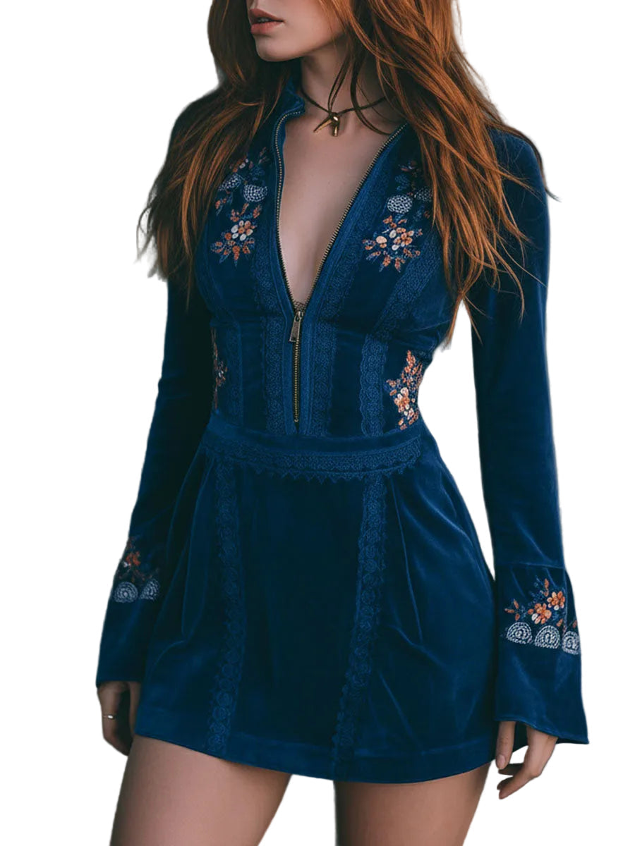 Emily & Isabella Brooks | Blue Velvet Mini Dress with Zipper Front and Lace Trim