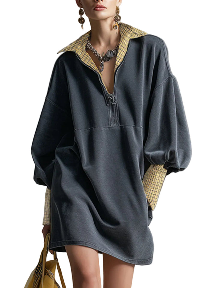 Emily & Isabella Brooks | Casual Sporty Plaid Trim Gray Washed Cotton Sweatshirt Mini Dress