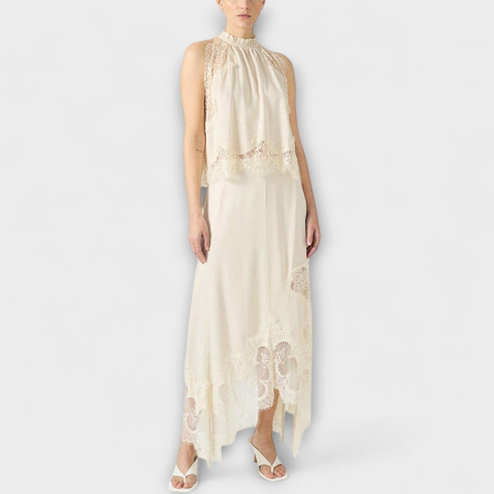 Emily & Isabella Brooks | Satin Blouse with Lace Trim and Pleated Neckline