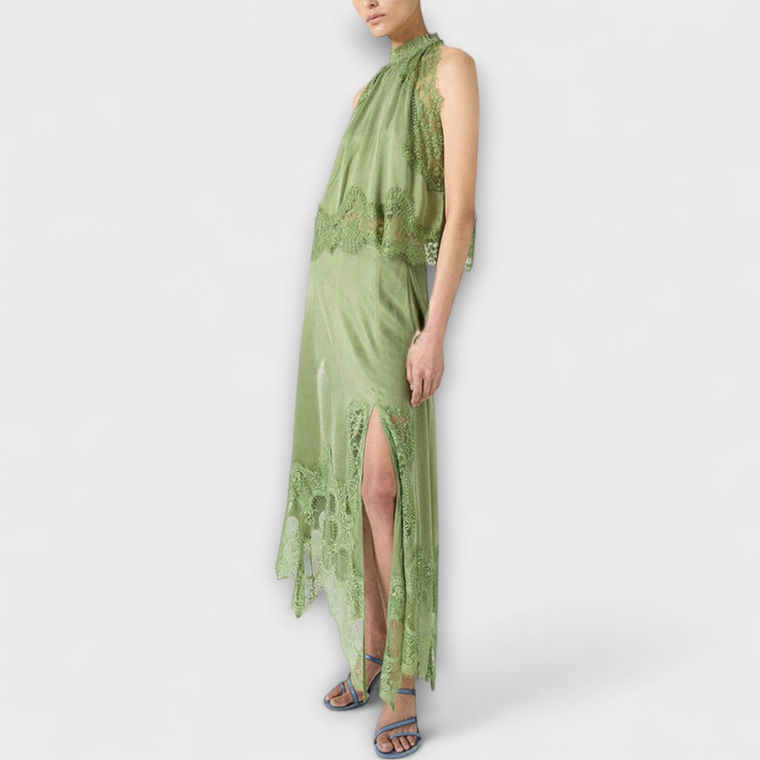 Emily & Isabella Brooks | Satin Blouse with Lace Trim and Pleated Neckline