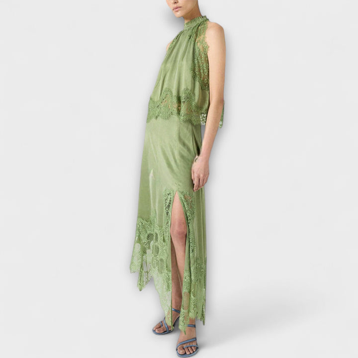 Emily & Isabella Brooks | Satin Blouse with Lace Trim and Pleated Neckline