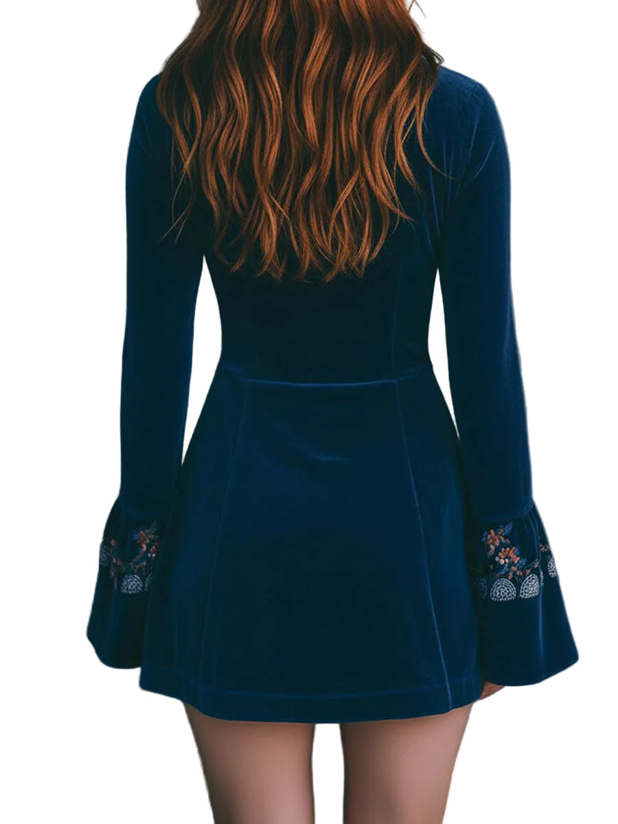 Emily & Isabella Brooks | Blue Velvet Mini Dress with Zipper Front and Lace Trim