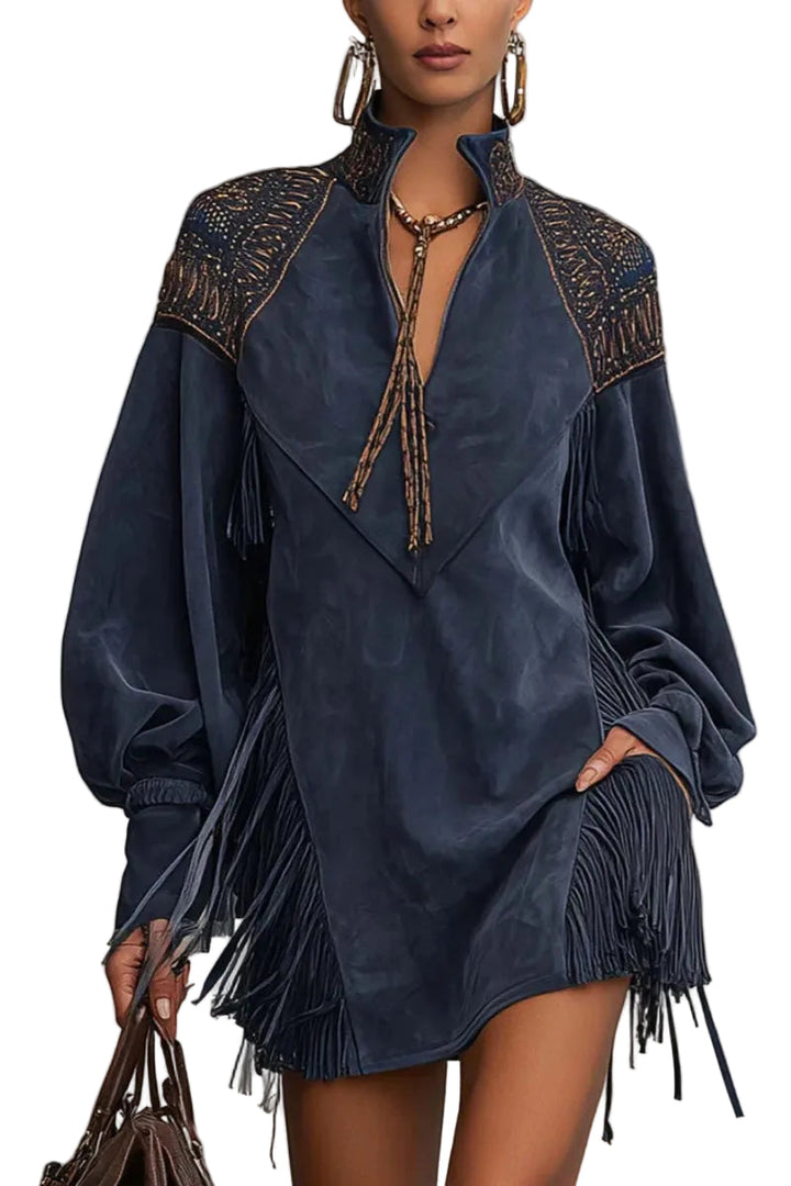 Emily & Isabella Brooks | Indigo Faux Suede Embroidered Tassel Mini Dress