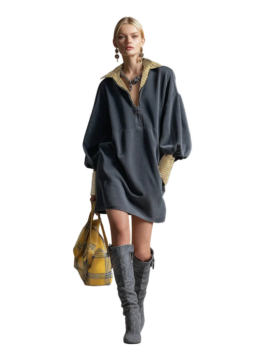 Emily & Isabella Brooks | Casual Sporty Plaid Trim Gray Washed Cotton Sweatshirt Mini Dress