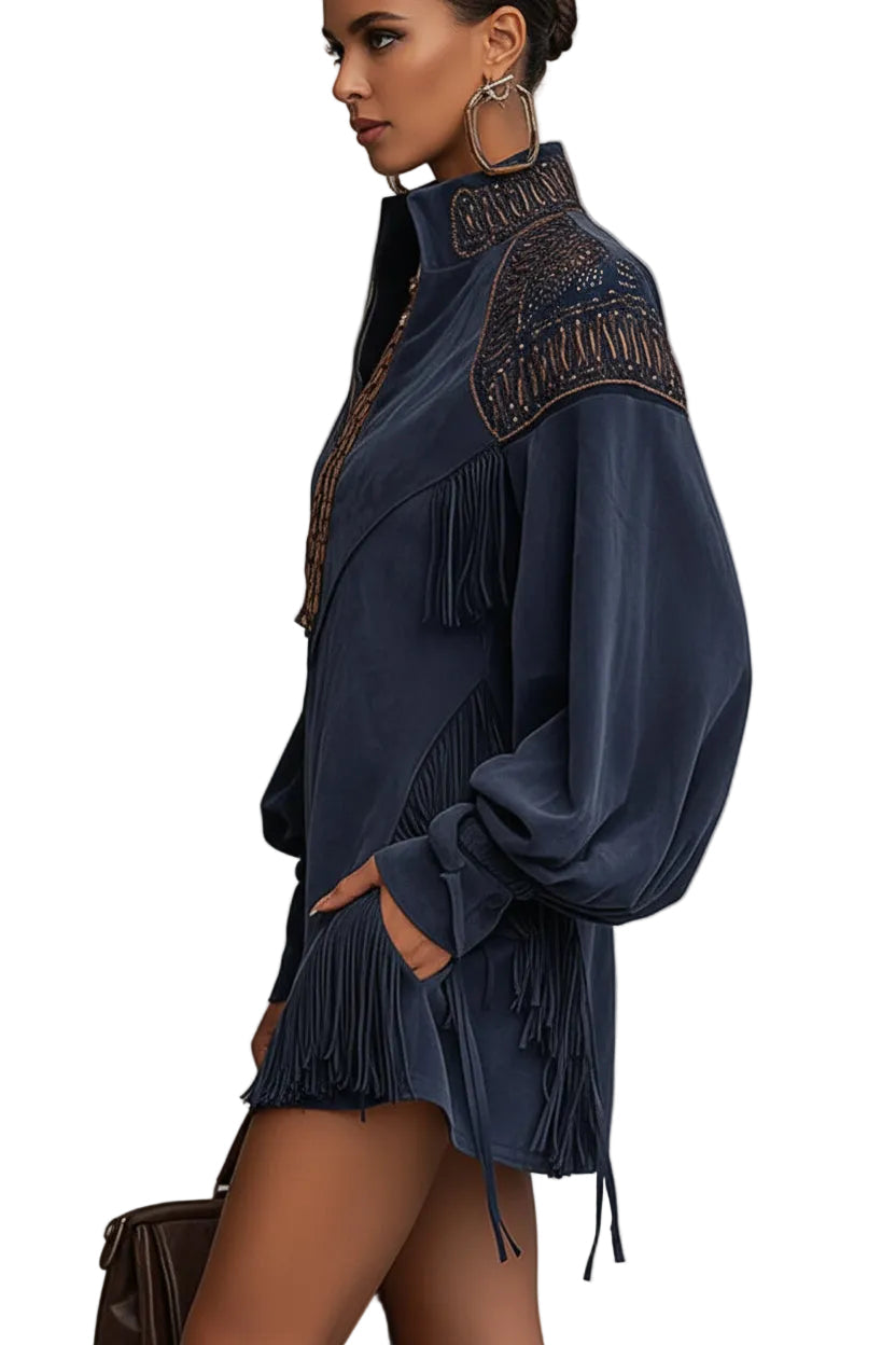 Emily & Isabella Brooks | Indigo Faux Suede Embroidered Tassel Mini Dress