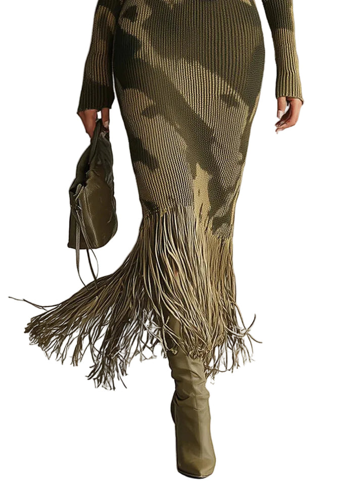 Emily & Isabella Brooks | Olive Camo Knit V-Neck Fringe Hem Midi Dress
