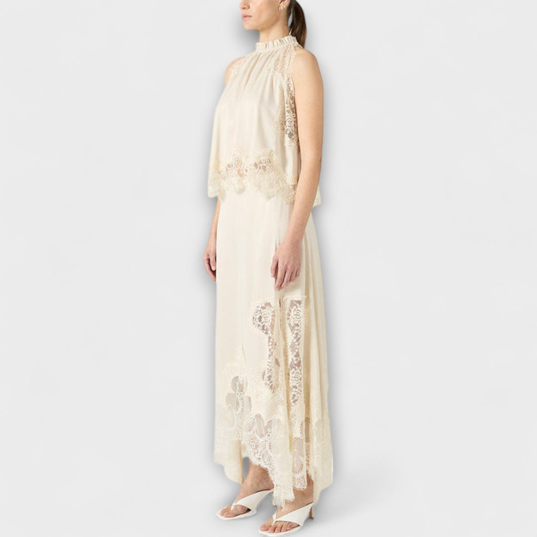 Emily & Isabella Brooks | Satin Blouse with Lace Trim and Pleated Neckline