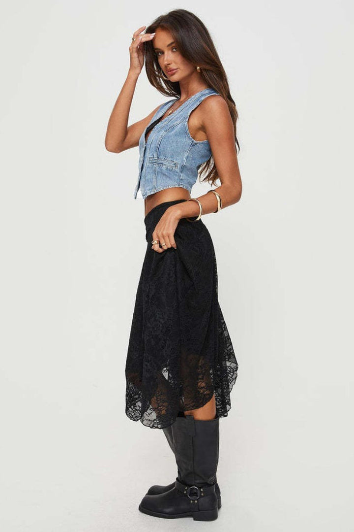 Emily & Isabella Brooks | Asymmetrical Hem Lace Detail Midi Skirt