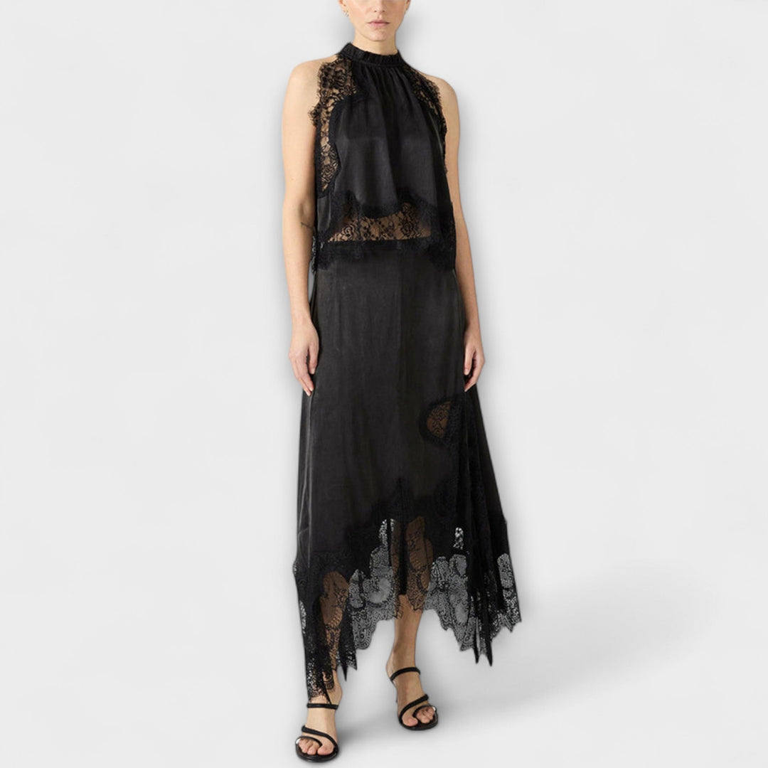 Emily & Isabella Brooks | Satin Blouse with Lace Trim and Pleated Neckline