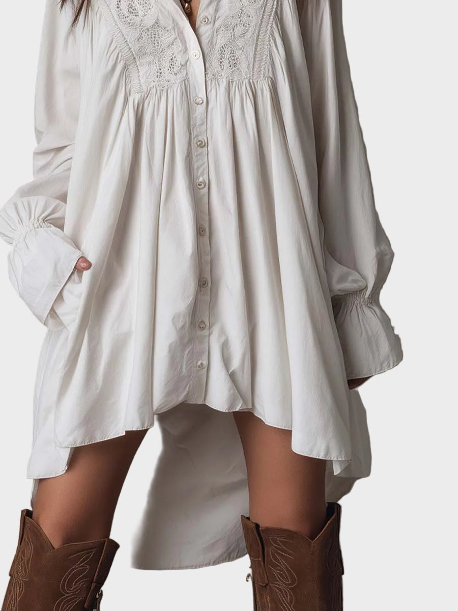 Emily & Isabella Brooks | Retro mini dress, lace, asymmetrical hem, long sleeves